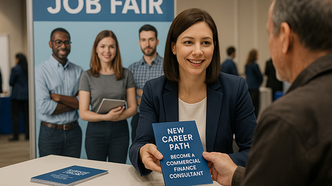 job fair Broker speaking to a Job Fair attendee.