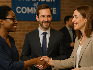 Factoring broker introduces two friends at a Chamber of Commerce event