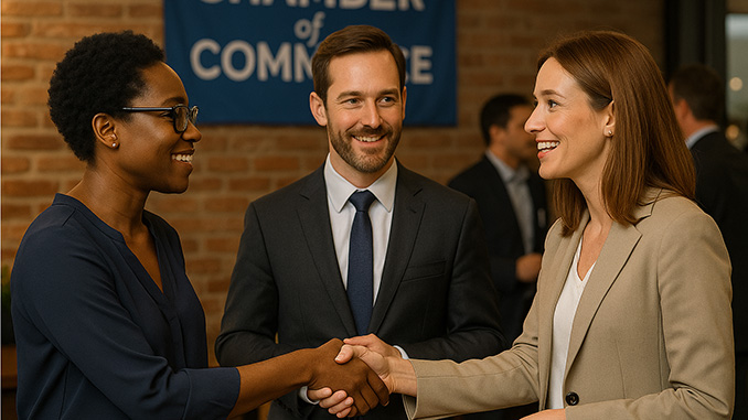 Factoring broker introduces two friends at a Chamber of Commerce event