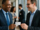 Broker trading a business card with a prospect