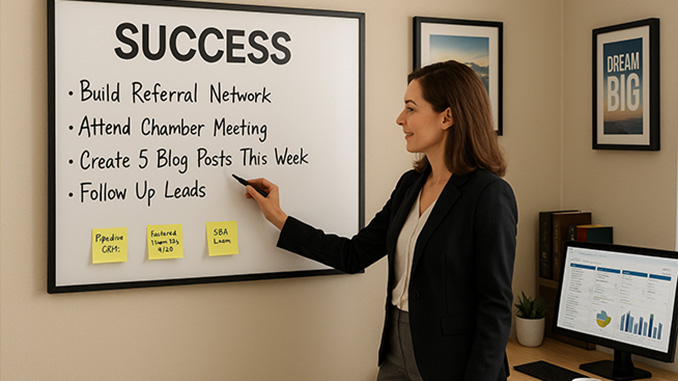 Factoring Broker updating her dry erase board.