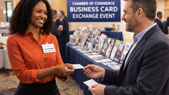 Factoring broker exchanging her business card with a business owner at a Chamber of Commerce event.