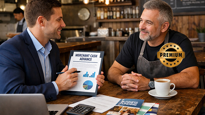 A small business owner meeting with an MCA cash advance ISO.