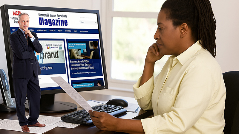 Factoring broker reading the latest copy of commercial finance consultants magazine