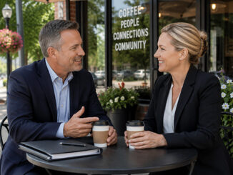 A factoring broker and bank lending officer having coffee.