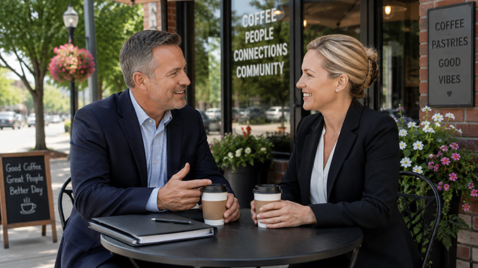A factoring broker and bank lending officer having coffee.
