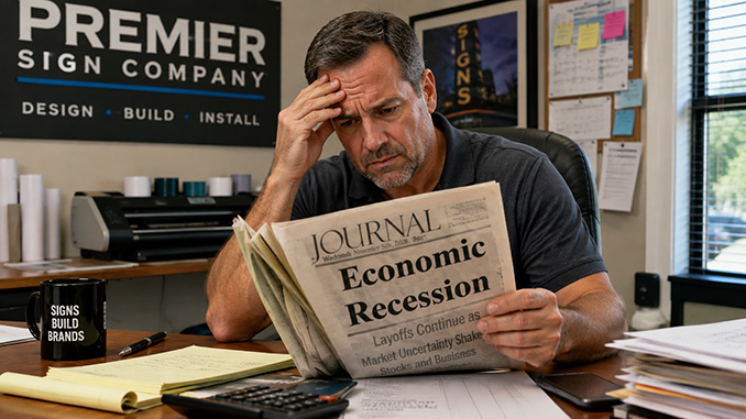 Business owner reading about a recession.